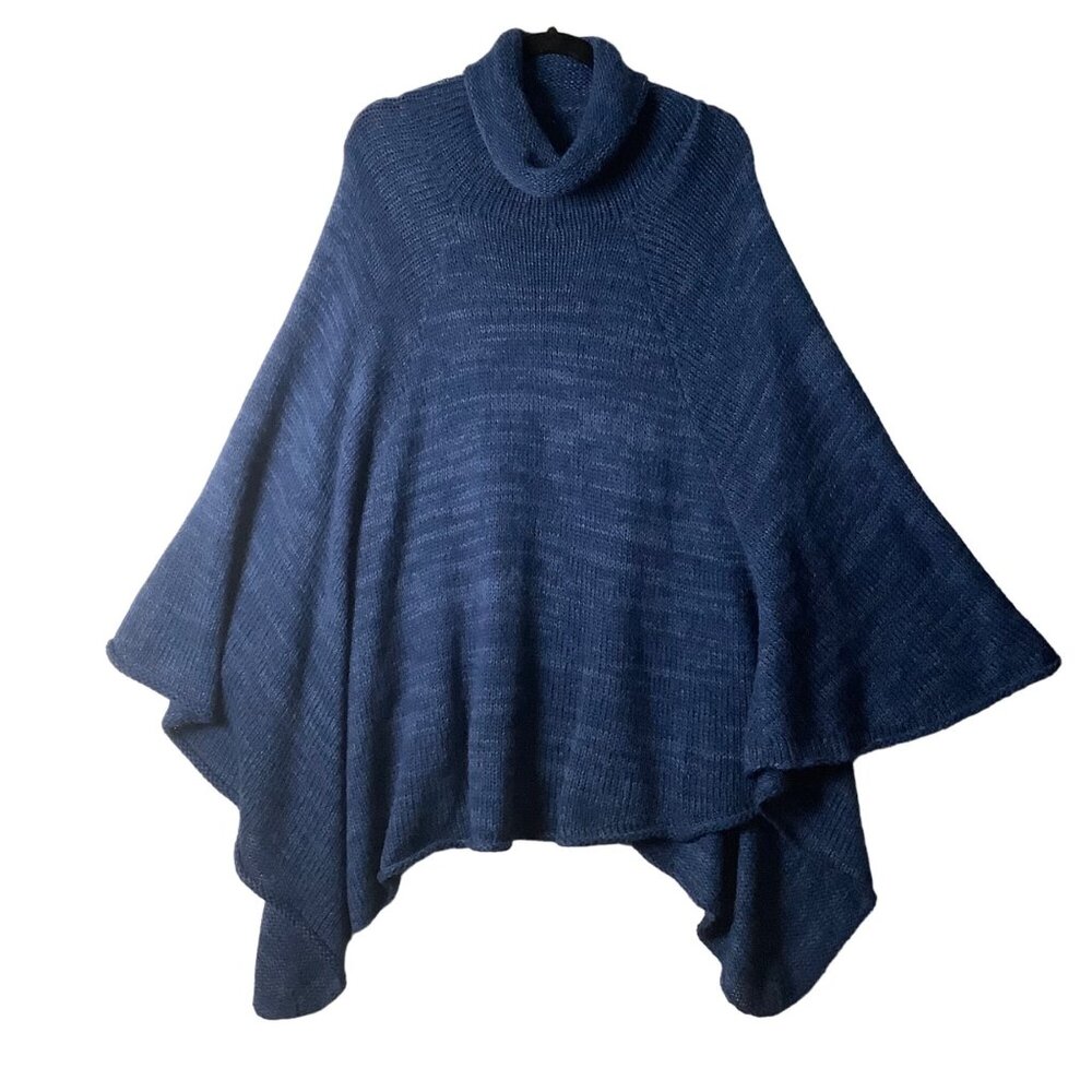 Amano Alpaca Wool Blend Ribbed Knit Poncho Sweater Women One Size Blue Cowl Neck